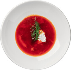 Delicious borscht, a hearty and flavorful Eastern European soup with a creamy garnish.