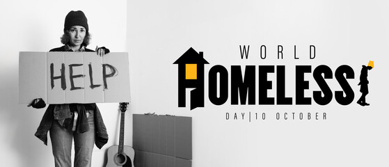 Mature homeless woman holding cardboard with word HELP indoors