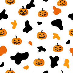 Seamless Halloween pattern with ghost, skull, pumpkin and bats.