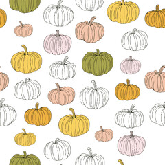 Seamless Halloween pattern with ghost, skull, pumpkin and bats.