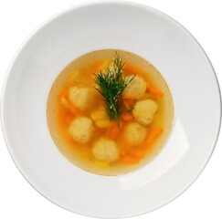 A comforting bowl of matzo ball soup, a classic Jewish dish with fresh ingredients.