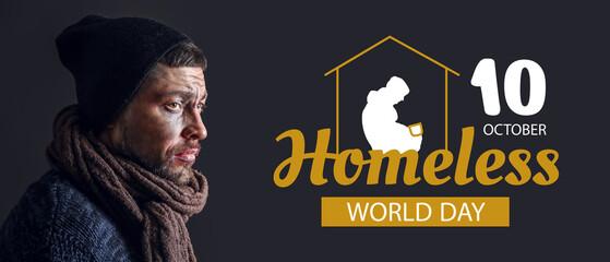 Portrait of poor homeless man on dark background