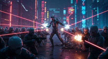 Futuristic battle scene in a neon-lit city. A lone figure confronts a large group of soldiers
