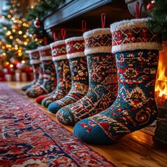 Colorful Christmas stockings lined up near a fireplace
