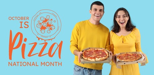Young couple with tasty pepperoni pizza on blue background. Banner for National Pizza Month