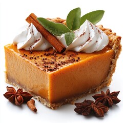 A slice of pumpkin pie, topped with whipped cream and spices