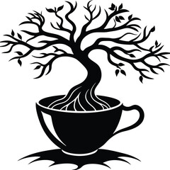 Tree in Cup Vector Silhouette

