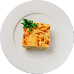 A delectable gratin, baked to golden perfection, sits on a pristine white plate, ready to be...