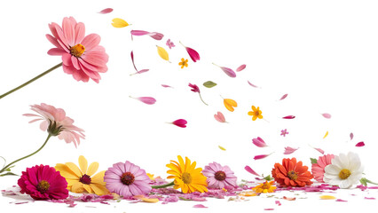 Flying colorful fresh flowers are falling in the air isolated on a white background PNG. AI GENERATED.