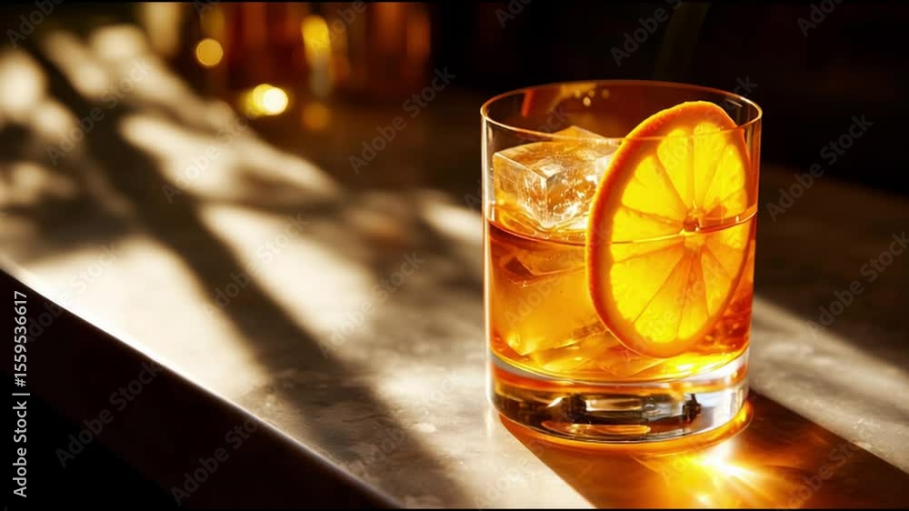 Poster enjoying a refreshing cocktail with citrus slice on a sunlit bar counter in a cozy setting at golden