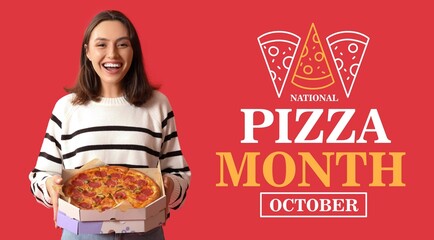 Young woman holding cardboard box with tasty pizza on red background. Banner for National Pizza Month