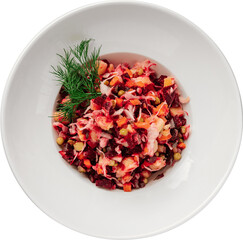 Classic russian vinaigrette salad served in a white bowl, ready to eat.