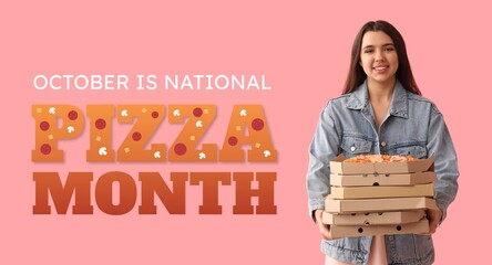 Young woman holding cardboard boxes with tasty pizzas on pink background. Banner for National Pizza Month