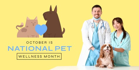 Banner for National Pet Wellness Month with veterinarians and dog