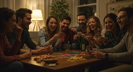 Group of friends laughing and playing cards together at a table in a warmly lit room at night