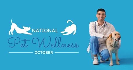 Banner for National Pet Wellness Month with veterinarian and dog
