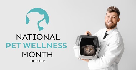 Banner for National Pet Wellness Month with veterinarian and cat