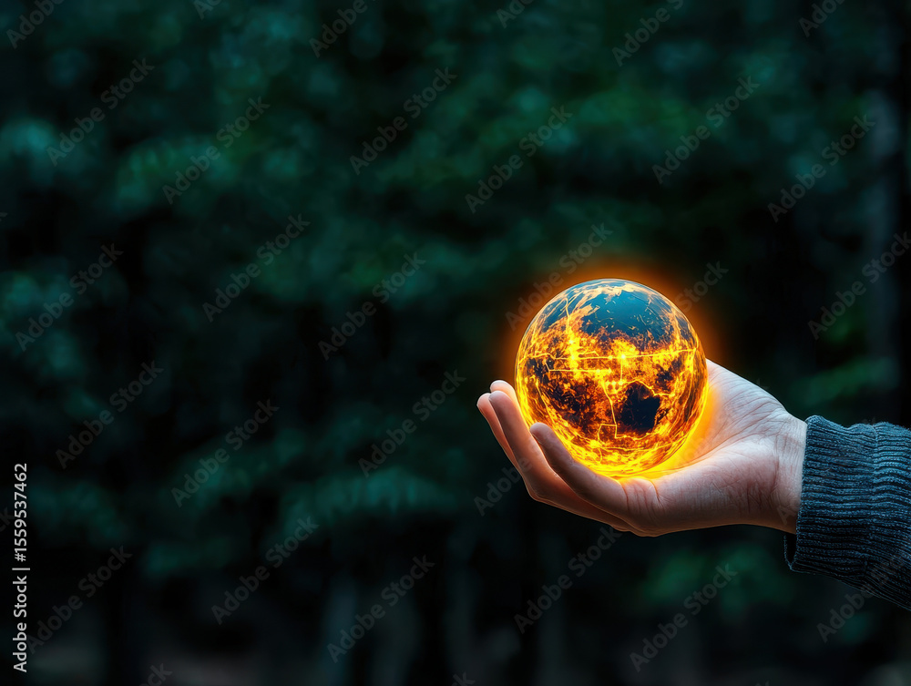 Poster hand holding glowing digital sphere with fiery network patterns, symbolizing technology and global c