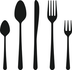 Black silhouette of dining cutlery including spoons and forks and a knife