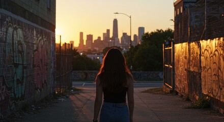 Woman walking towards city skyline at sunset between graffiti covered buildings in urban setting