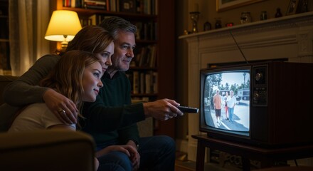 A family watching an old television in a dimly lit room with a bookshelf and lamp in the background