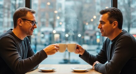 Two men toasting with coffee cups in a cafe setting with window and city lights in the background