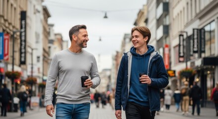 A father and son walking down a city street while holding coffee cups and smiling at each other