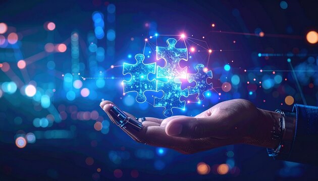 A futuristic metallic hand holding glowing puzzle pieces floating mid-air - Powered by Adobe