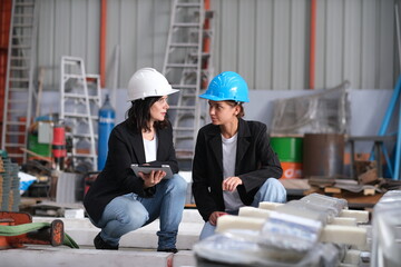 Technician industrial worker inspecting aluminum metal sheet fabricating roll check stock materials in the steel coil storage area, rolls metal sheet high quality durable meet standards industry. 