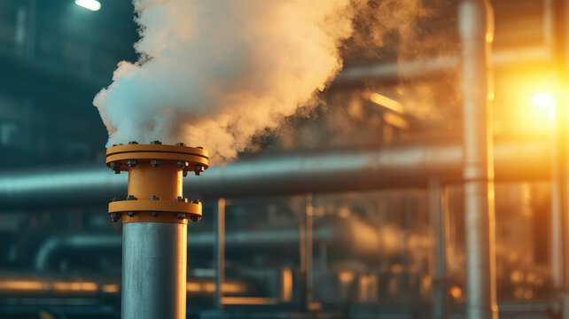 Industrial pipe releasing thick white steam with warm sunlight and blurred factory background