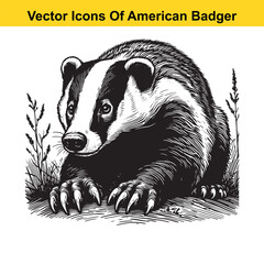 American Badger Black and White Cartoon – Bold Line Art Vector for Tracing or Coloring