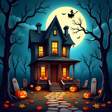 Spooky Halloween House with Glowing Pumpkins and Full Moon