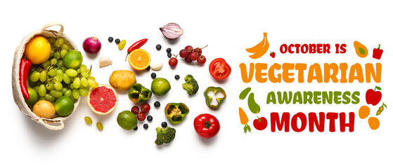 Wicker basket with different fresh fruits and vegetables on white background