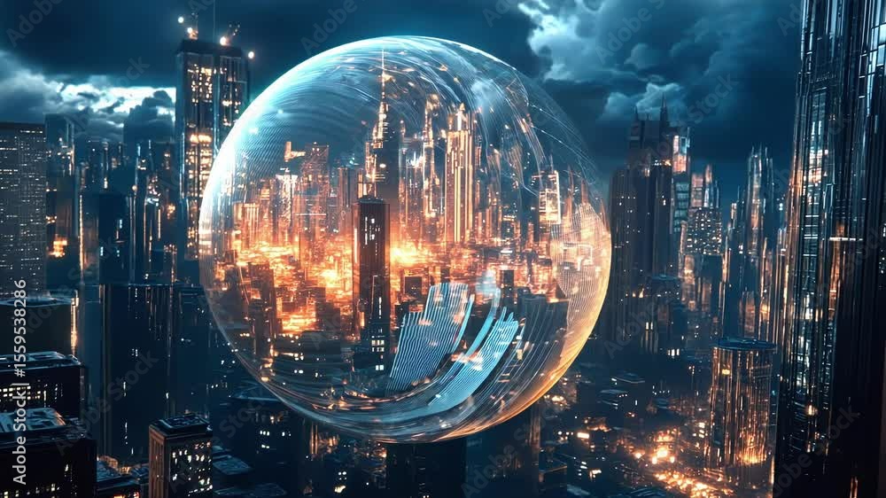 Poster futuristic cityscape with glowing skyscrapers and intricate infrastructure is seen through a large t