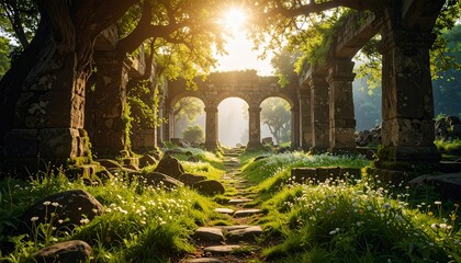 Obraz premium Enchanted Ruins: Sunlit Path Through Ancient Stone Arches