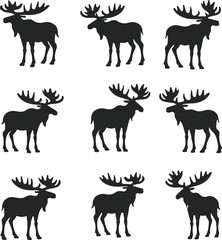 Nine silhouettes of majestic moose with antlers on a white background