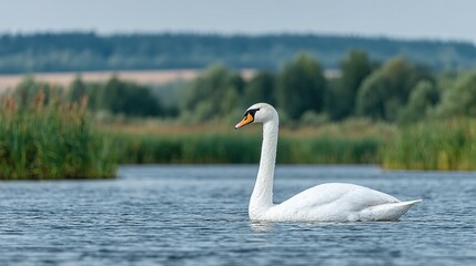 A graceful swan glides across a tranquil lake.