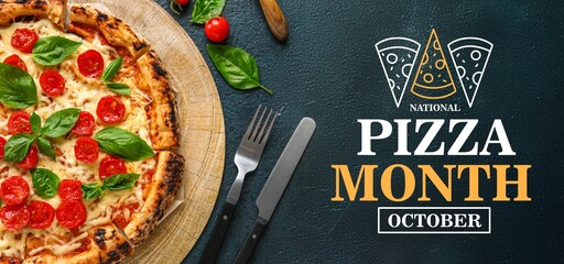 Banner for National Pizza Month with tasty pizza on dark background