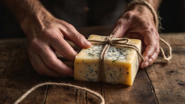A person ties a rustic piece of cheese with twine on a wooden table, showcasing a handmade, artisanal vibe.