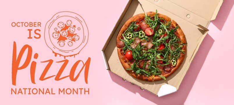 Banner for National Pizza Month with tasty pizza in box