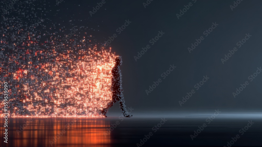 Poster a digital figure dissolves into glowing red and orange particles against a dark, reflective backgrou