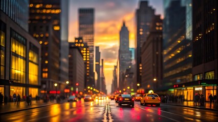 New york city street scene at dusk with yellow taxi cabs and glowing buildings