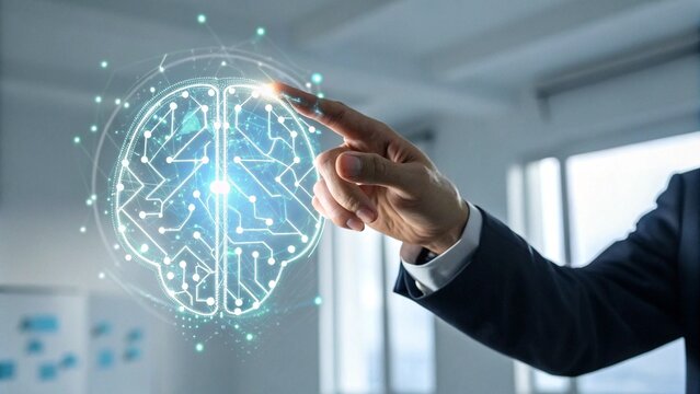 Close Up of Business Hand Operating AI Brain Interface With Digital Data Visualization and Predictive Tools - Powered by Adobe