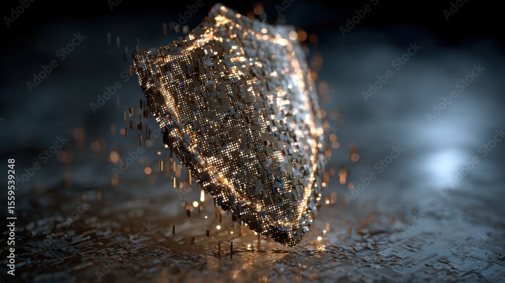 Aufkleber a futuristic digital shield made of glowing data points and circuits stands upright, symbolizing cyb