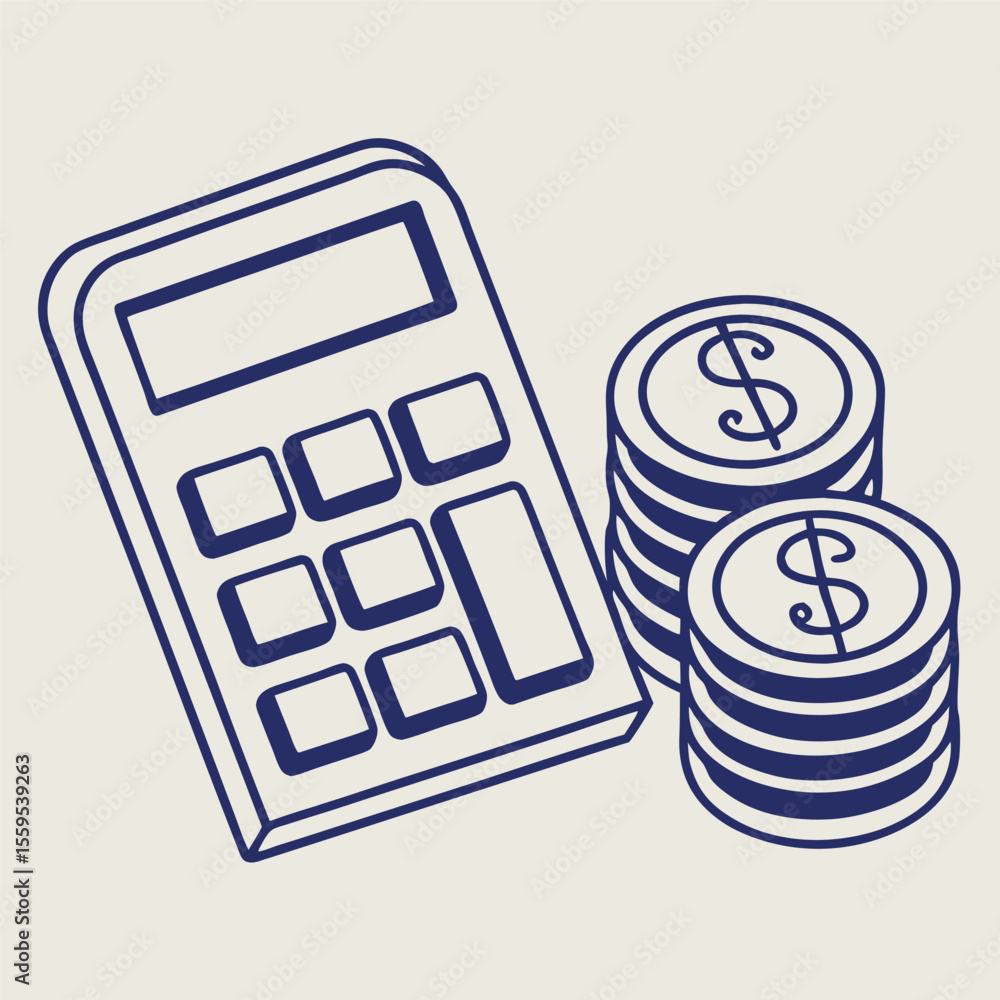 Poster a simple line art illustration of a calculator next to two stacks of coins with dollar signs represe