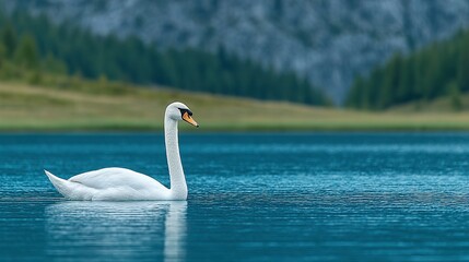 Obraz premium Graceful swan gliding on tranquil lake waters.