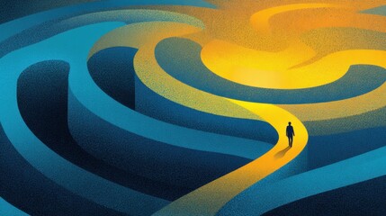 A person walks through a bright yellow path in a dark, complex maze, symbolizing guidance and finding direction amidst confusion.