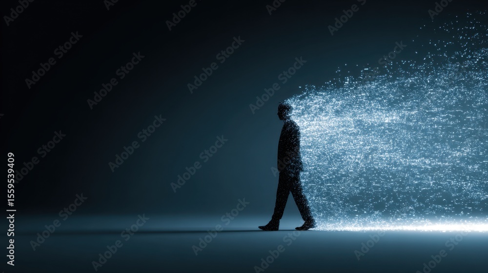 Poster a silhouette of a person walking while dissolving into digital particles, symbolizing transformation