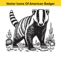 Fototapeta premium American Badger Black and White Cartoon – Bold Line Art Vector for Tracing or Coloring