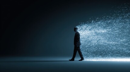 A silhouette of a person walking while dissolving into digital particles, symbolizing transformation or digital disintegration against a dark background.